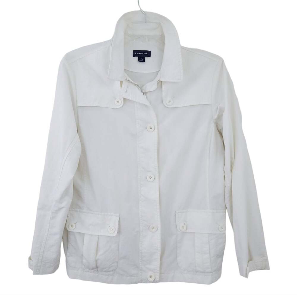 Lands' End 100% Nylon Coat Large 14/16 White Zip, Button Jacket Summer Spring